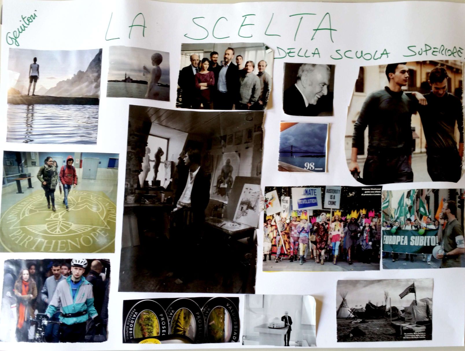 Cartellone sull'orientamento realizzato con collage da alcuni genitori di studenti di seconda media (fronte).