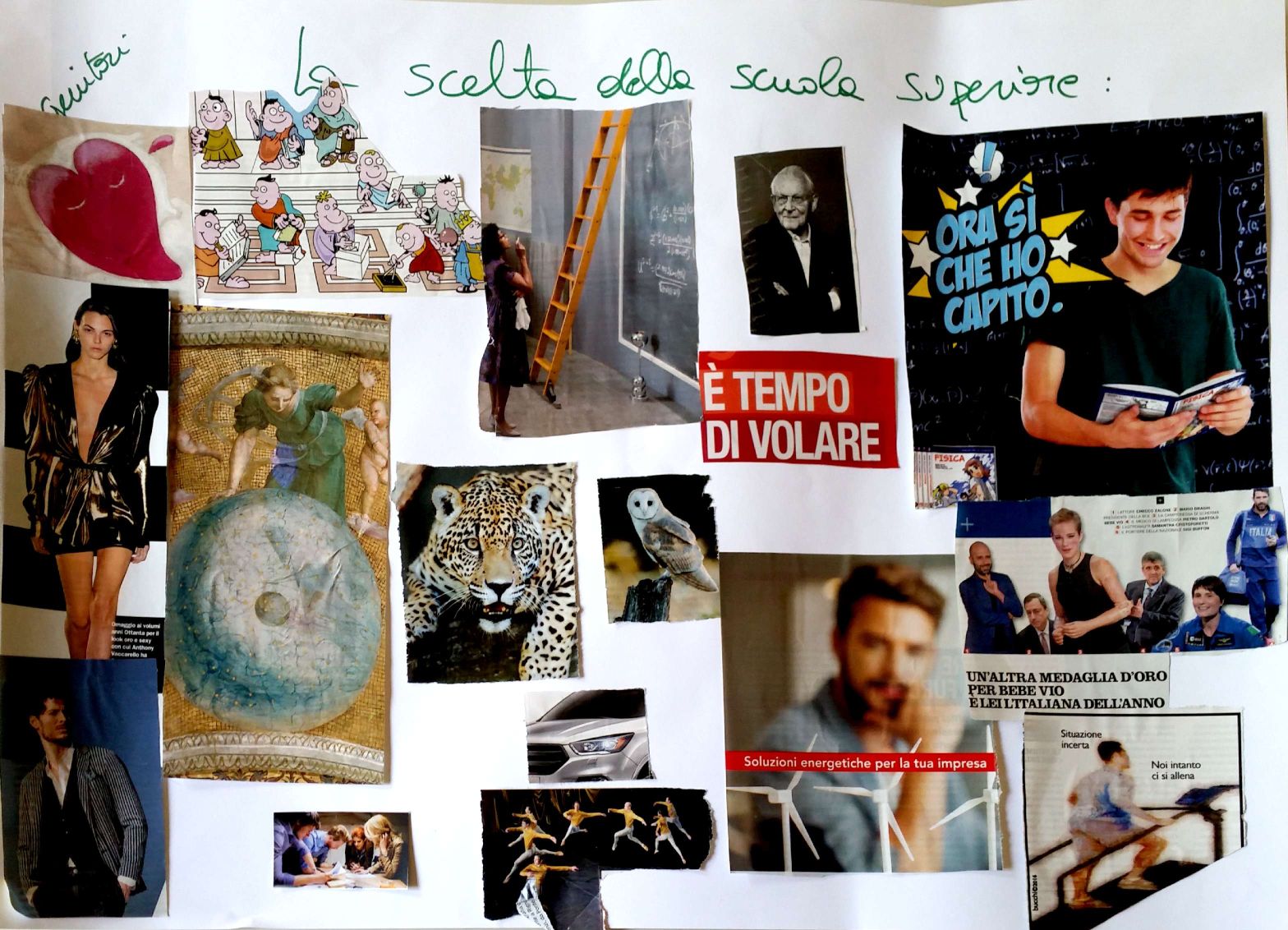 Cartellone sull'orientamento realizzato con collage da alcuni genitori di studenti di seconda media (fronte).