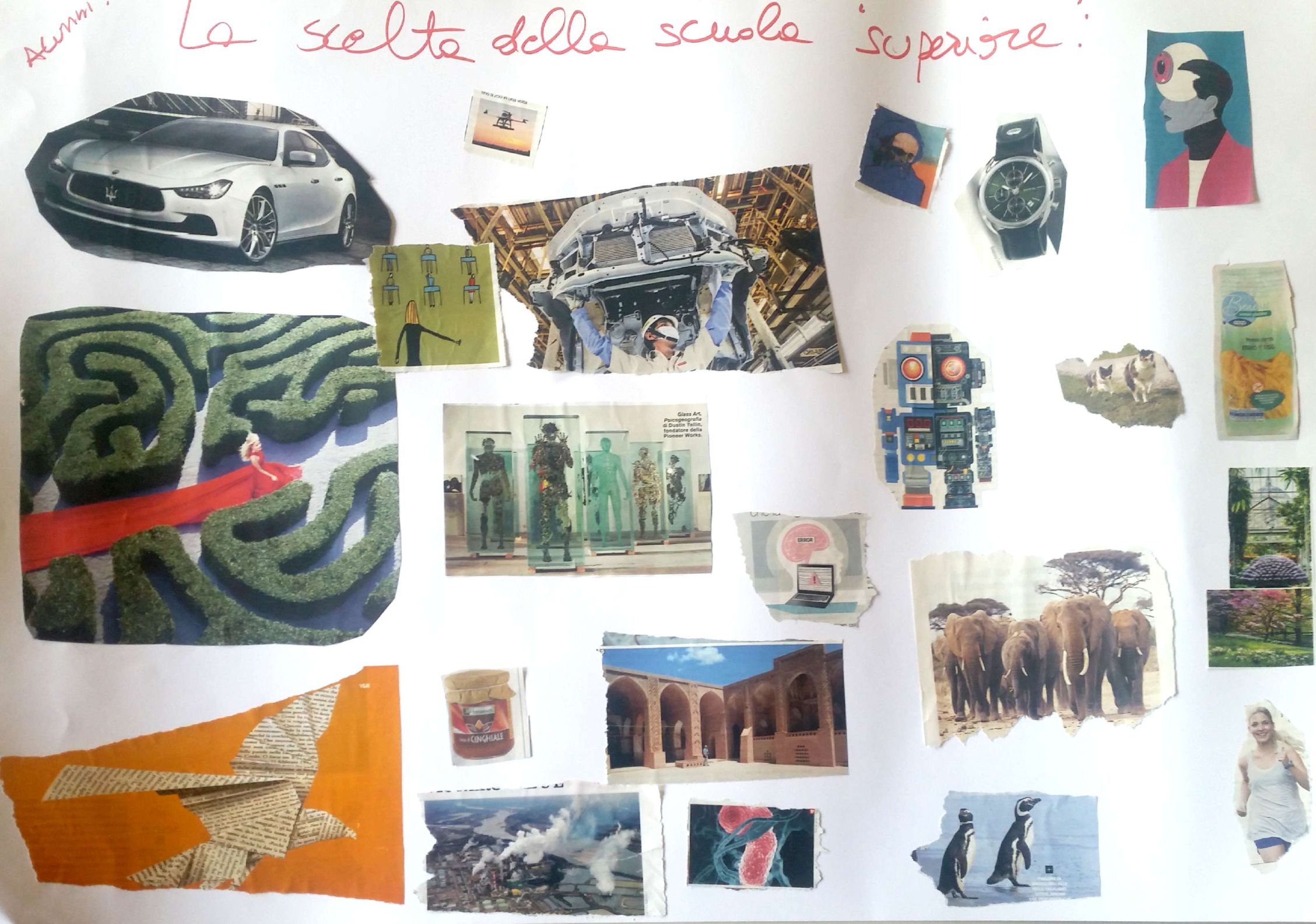 Cartellone sull'orientamento realizzato con collage da alcuni studenti di seconda media (fronte).