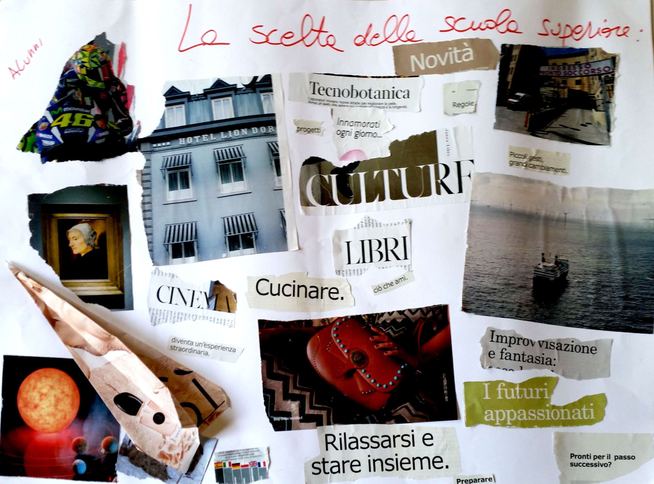 Cartellone sull'orientamento realizzato con collage da alcuni studenti di seconda media (fronte).